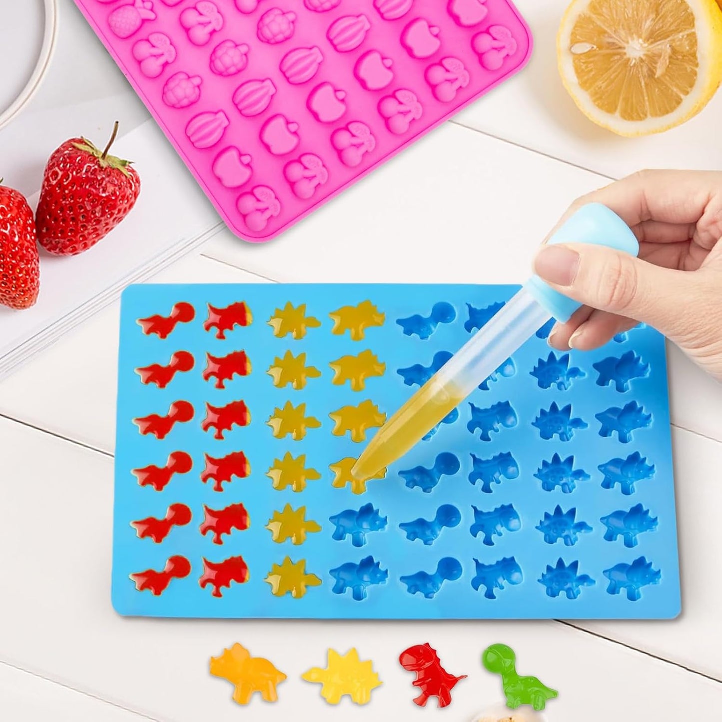 Gummy Candy Molds - Silicone Gummy Bear/Dinosaur/Fruit Snack Molds for Kids With 2pcs Dropper,Non-stick and Bpa Free for Mini Candy Chocolate Gummies Baking