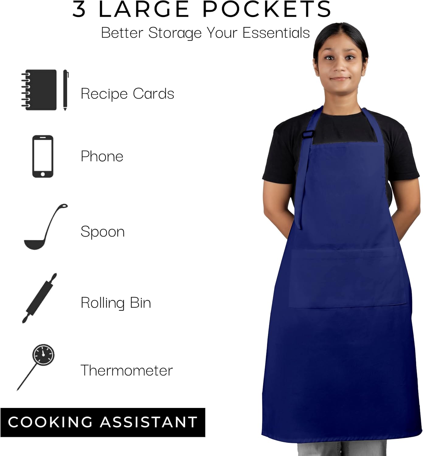 RAJRANG 100% Cotton Cooking Apron with 3 Pockets Kitchen Chef BBQ Adjustable Bib Aprons for Women Men