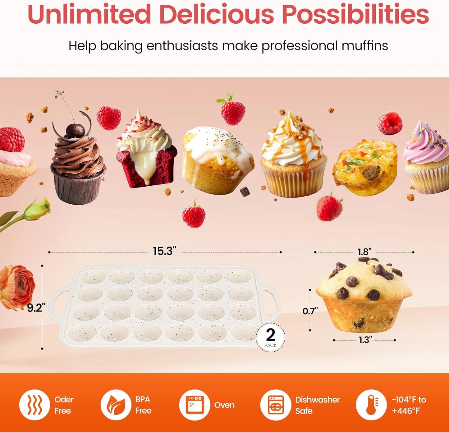 Muffin Pans With Metal Reinforced Frame - 24 Cups Durable Silicone Baking Pan for Muffins, Cupcakes, BPA Free and Dishwasher Safe - Beige with Rainbow Spots, Set of 2