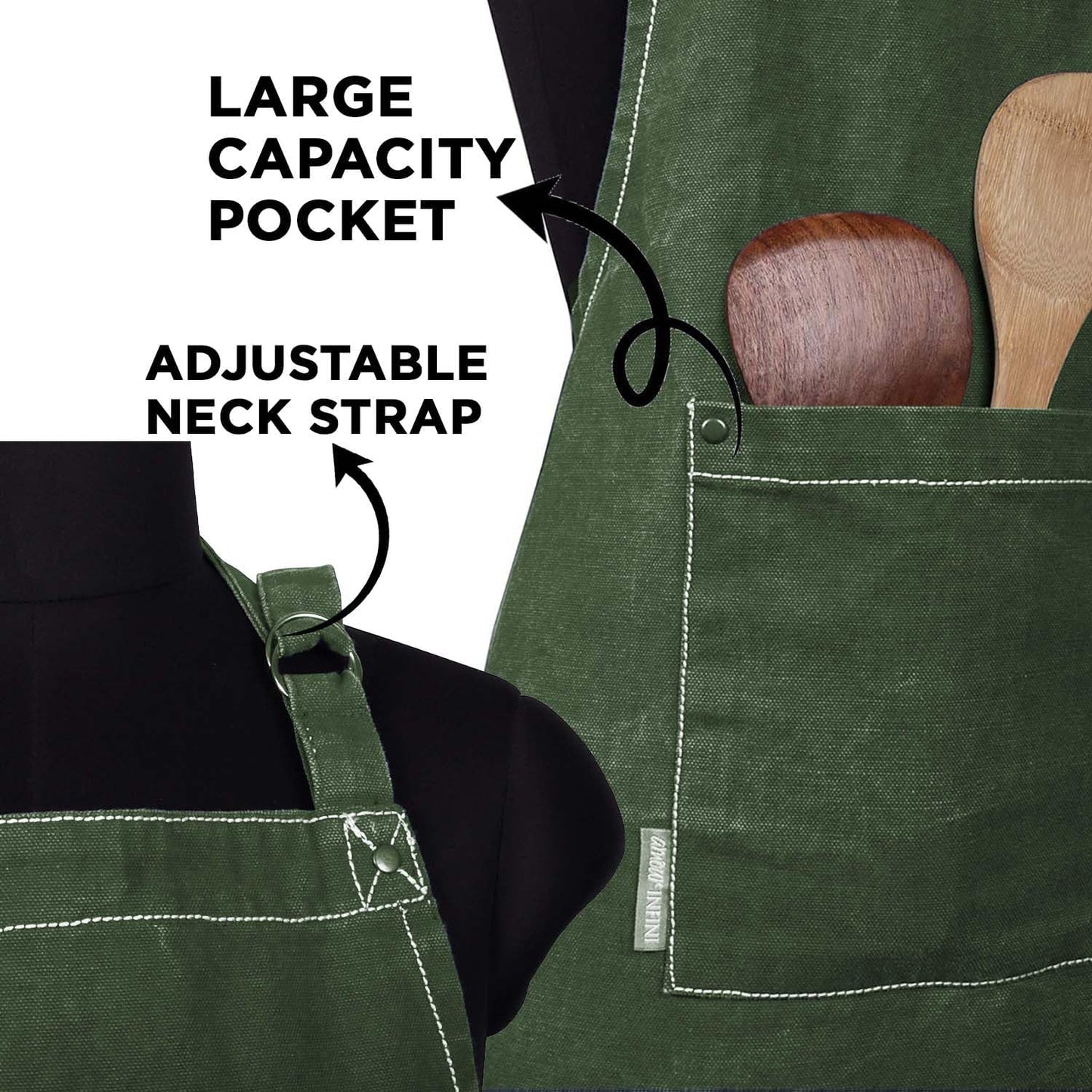 AMOUR INFINI Cotton Solid Aprons for Women with Pocket, Adjustable Strap and Waist Ties Washed Chef Aprons for Cooking, Baking and Gardening (27.5x33 Inches - Green)