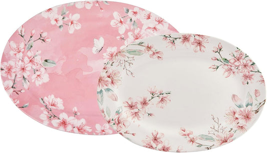 Bico Spring Sakura 16 plus 14 inch Ceramic Oval Platters Set, Set of 2, Microwave & Dishwasher Safe, for Serving Fish, Chicken, Turkey