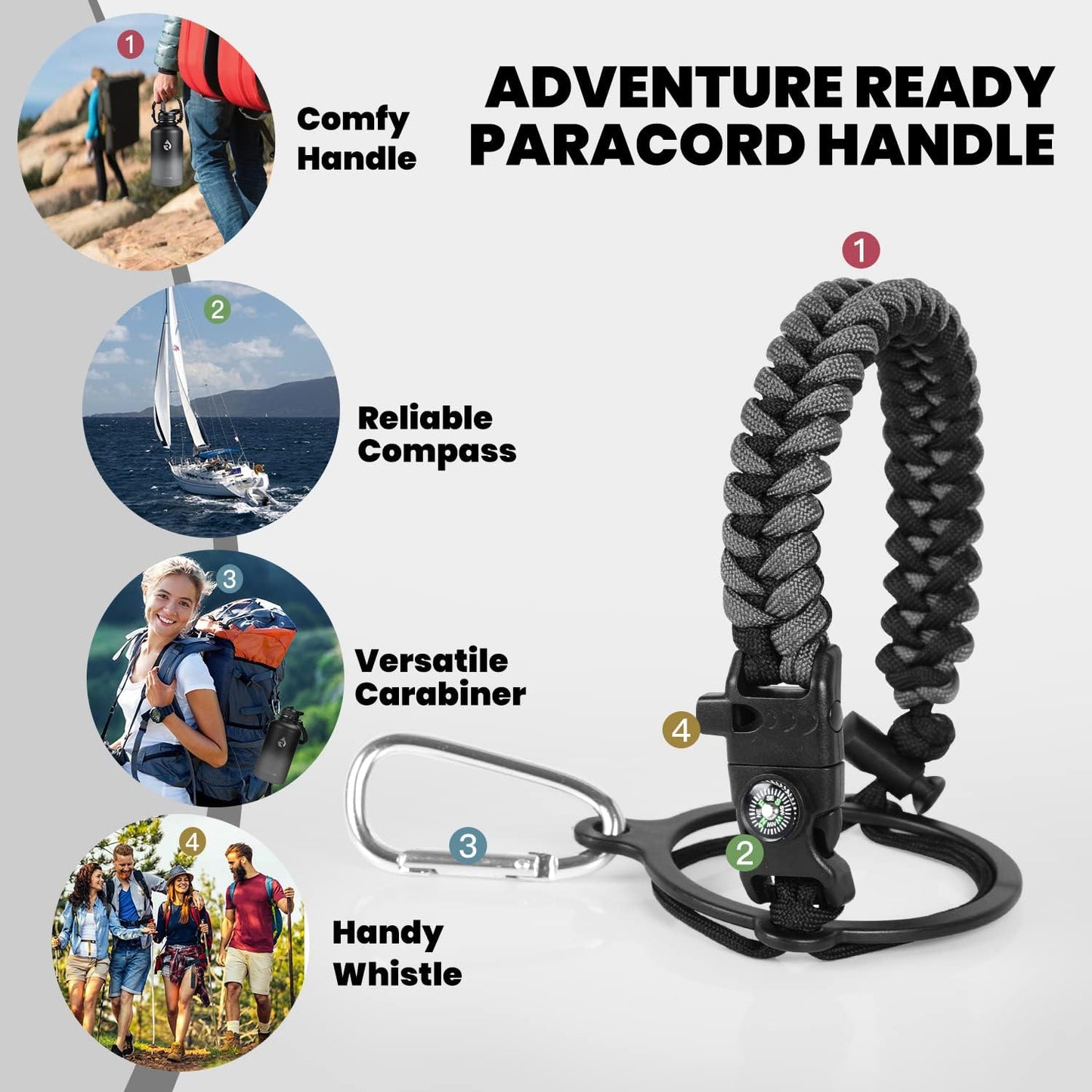 Insulated Water Bottle 64 oz, Triple Wall Vacuum Stainless Steel (Cold for 48 Hrs), Leak Proof & Non-BPA, Half Gallon Water Flask Jug with Paracord Handle & Straw Spout Lids, Dark Gray