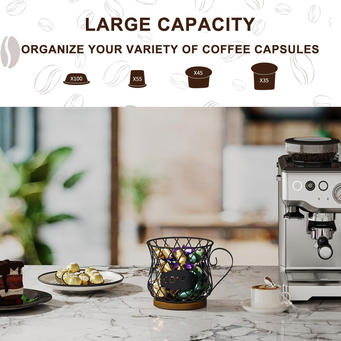 YINMIT K Cup Holder Organizer, Rustic Coffee Pod Holder Organizer, 35 Kcup Holder for Counter with Handle，Large Capacity Black Wire Coffee Capsule Basket for Kitchen Office Desktop (Circular Grid)