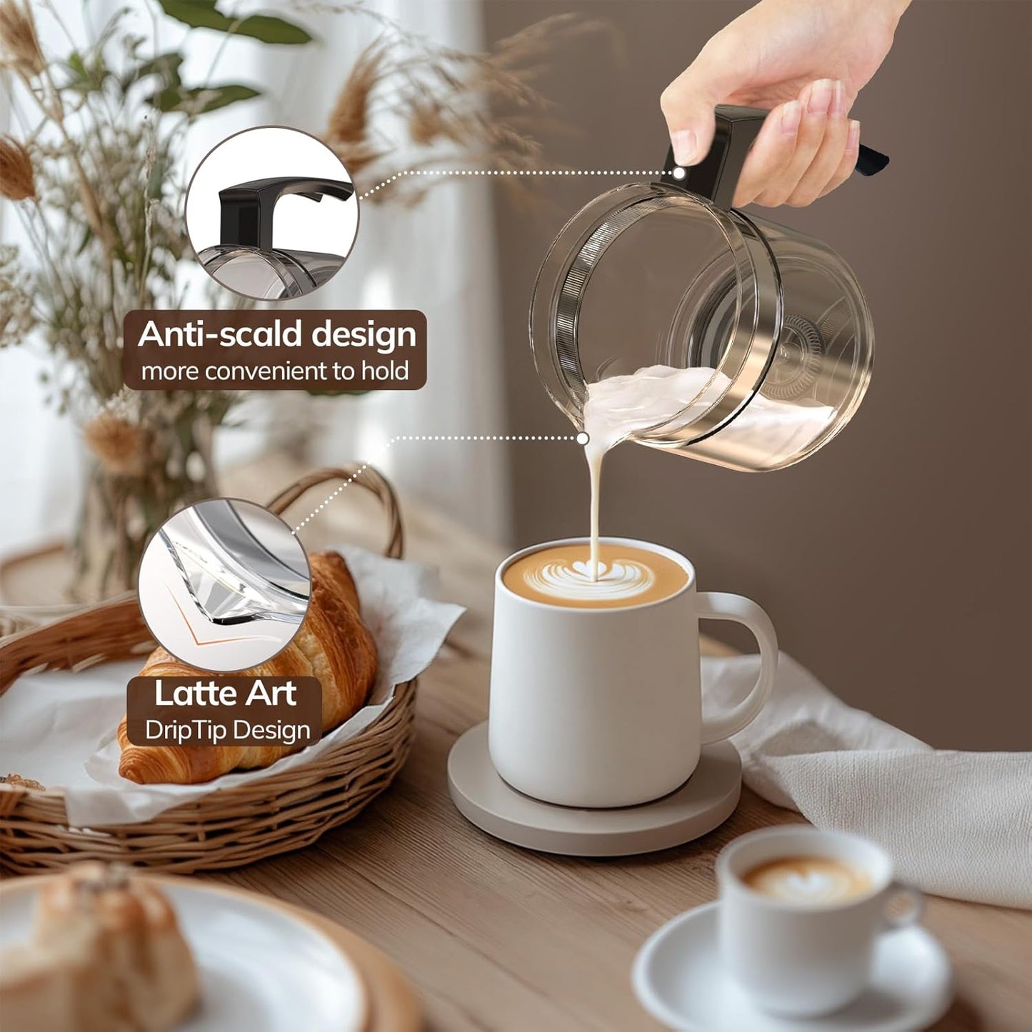 Electric Milk Frother and Steamer, 16.9oz/500ml Milk Steamer and Frother for Latte, Dishwasher Safe, BPA Free, 4 Functions, Enjoy Perfect Milk Froth in 2 Min - Black