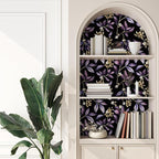 Extra Long Vintage Purple Leaves Wallpaper, 17.5In x 393In Black Botanical - Image 7