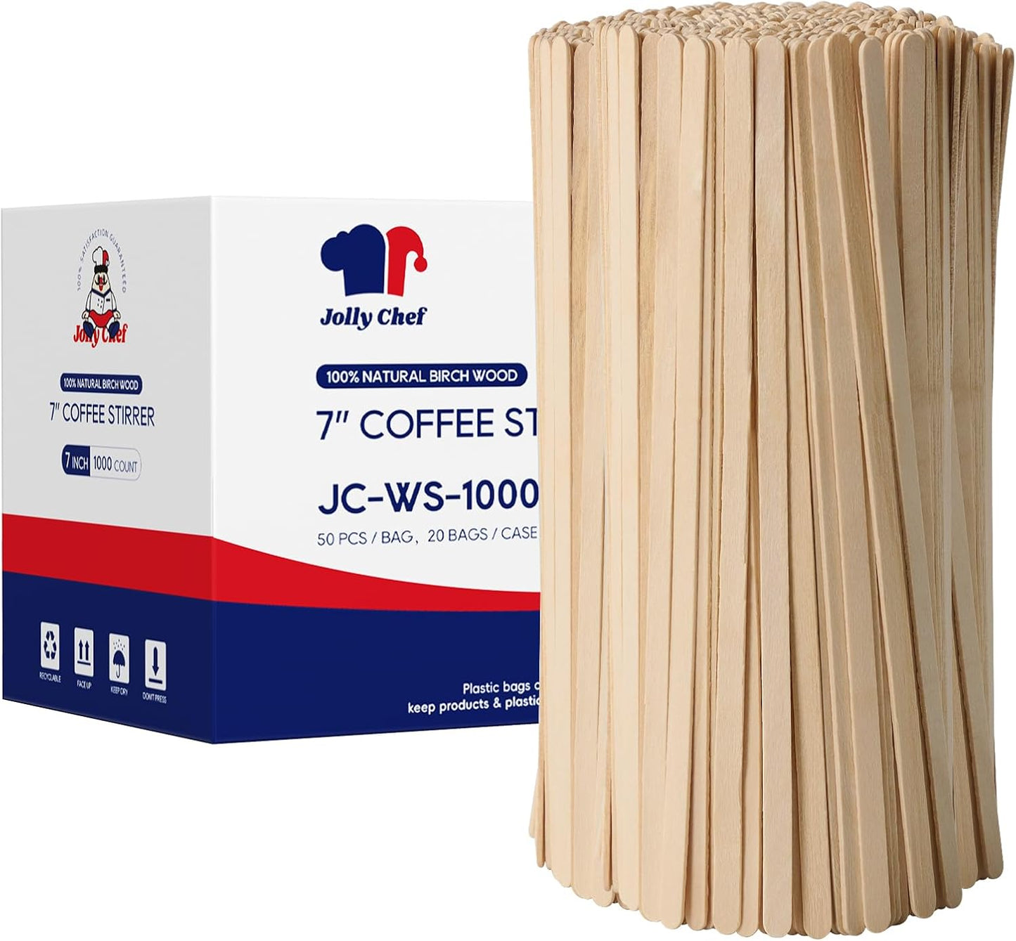 JOLLY CHEF 1000 Count Wood Coffee Stirrers, 7 inch Birch Coffee Stir Sticks, Wooden Sticks for Coffee, Tea and Beverage