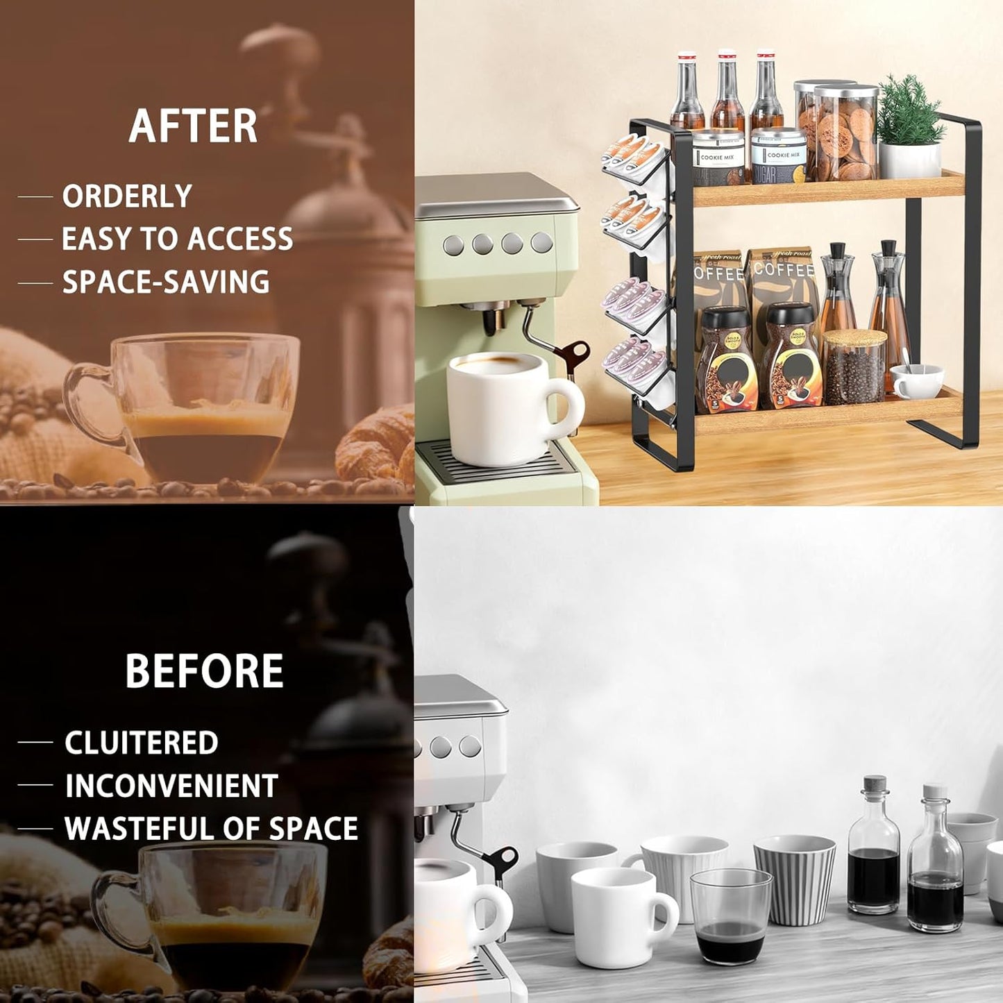 LEMIKKLE Coffee Station Organizer for Counter,Condiment Storage Caddy for Kitchen,2 Tier Wooden Shelf for Coffee Bar Accessories,Coffee Bar Organizer for Kitchen, Home, Office-Brown