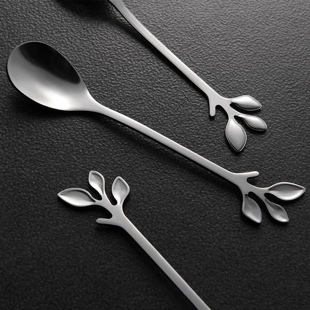 AnSaw Elegant Silver Leaf Coffee Spoons - 10-Piece, 4.7" Mini Stainless Steel Espresso & Dessert Tea Spoons, Perfect for Demitasse & Small Servings