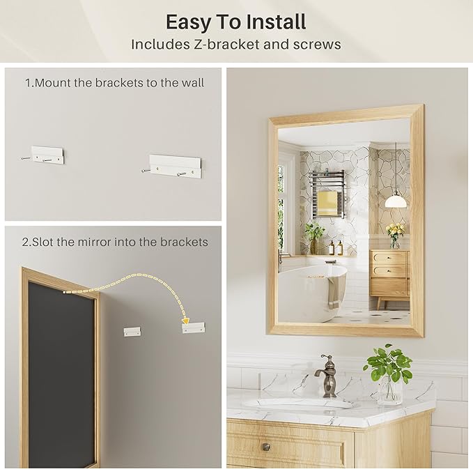 24x30 Inch Bathroom Mirror for Wall, Anti-Rust Oak Wood Grain Metal Framed - Image 5