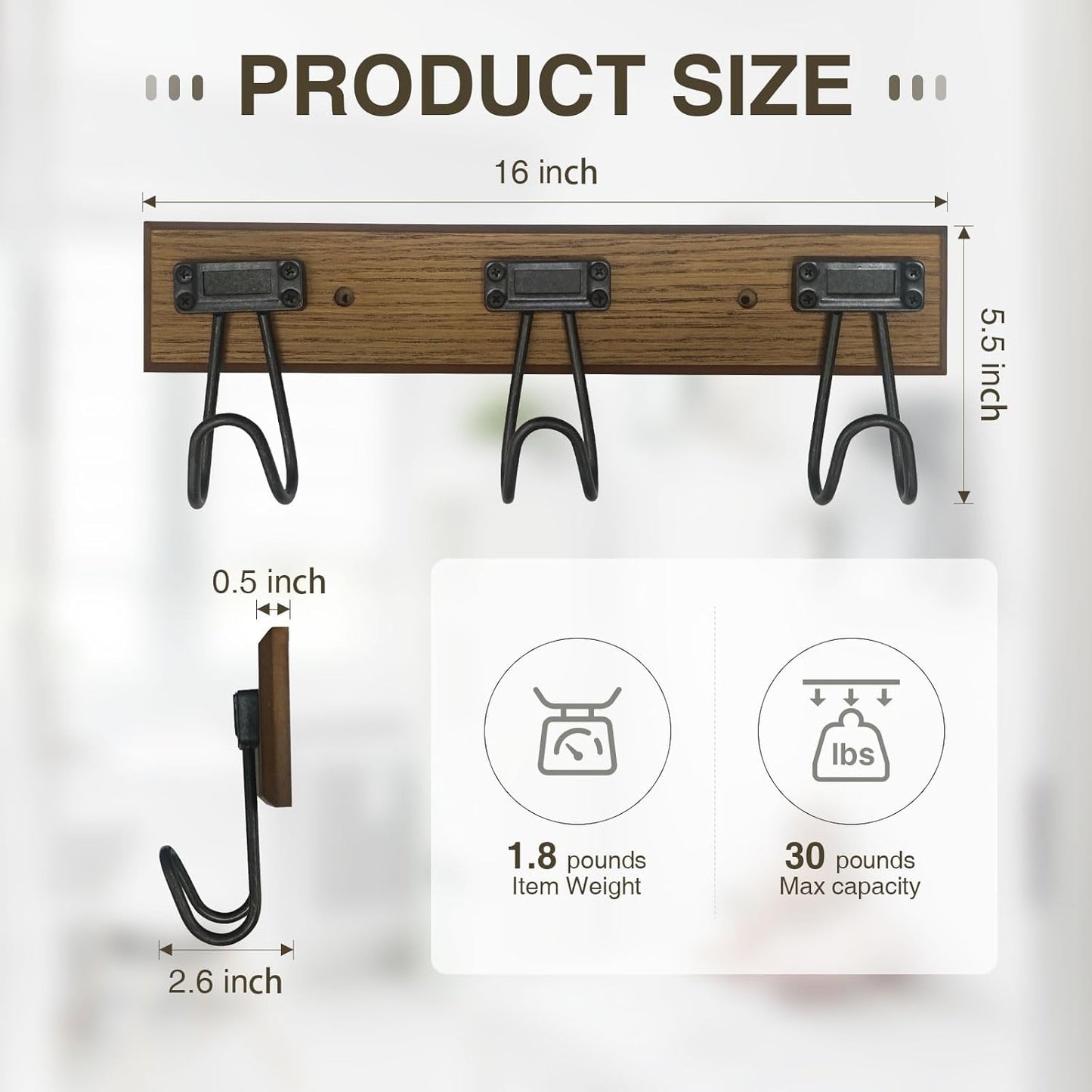 16" Wall Mounted Heavy Duty Label Hook Rack with 3 Hooks, for Hanging Coat, Hat, Jacket or Towel, Fit for Entryway, Hallway, Bedroom, Bathroom, Walk-in Closet and More - Brown/Black