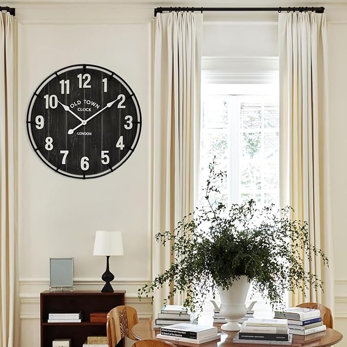 EMAX HOME Large Old Town Farmhouse Black Wall Clock 24 Inch Rustic Antique Wood - Image 3