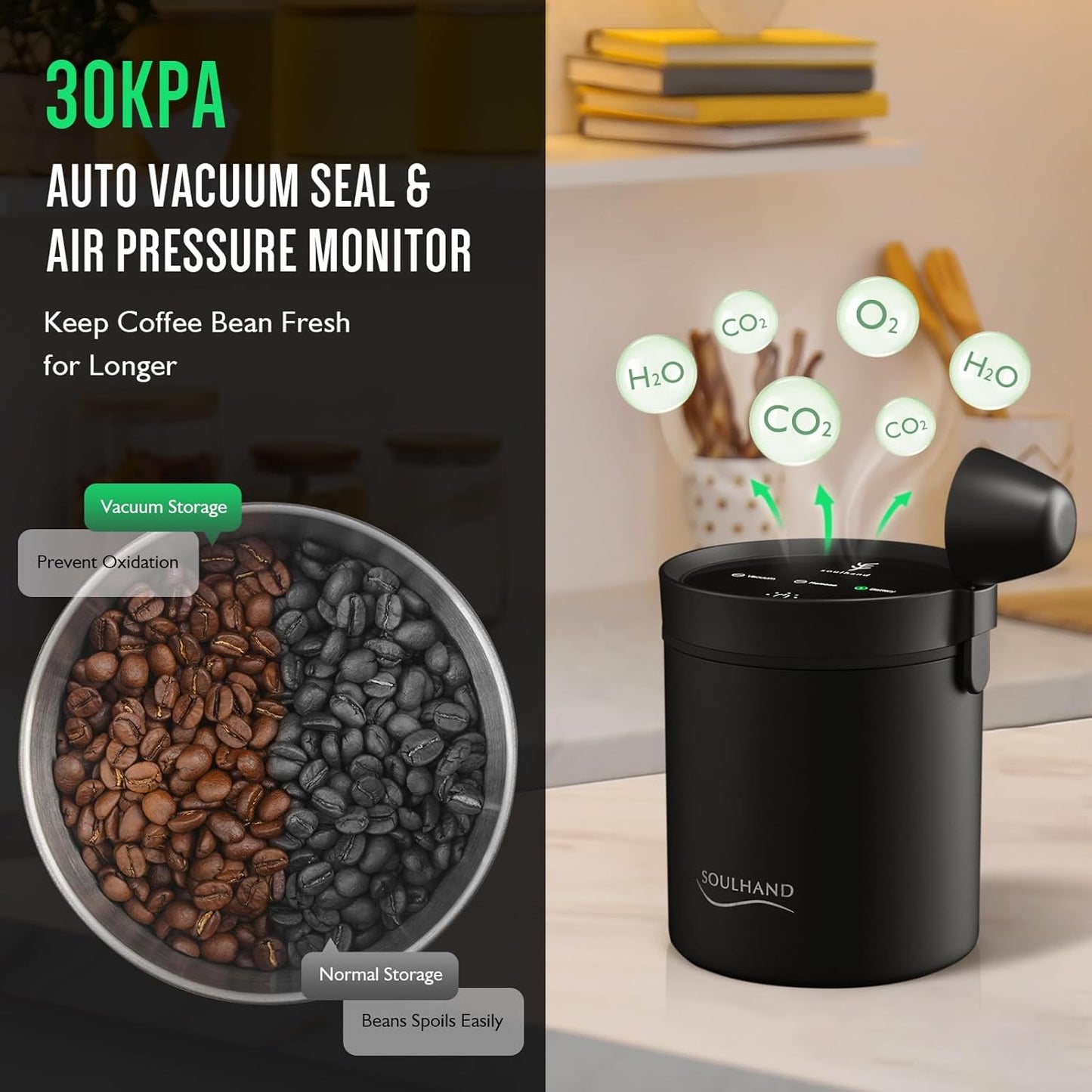 SOUL HAND Automatic Vacuum Coffee Canister for Coffee & Food Storage Airtight Sealed Coffee Storage Container, Stainless Steel Food Storage Containers for Coffee Beans - 1.2 L