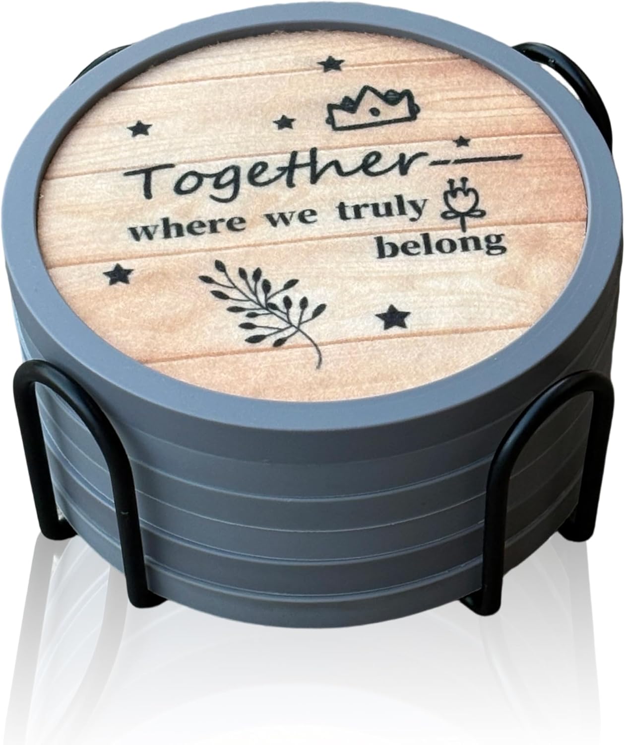 Absorbent Coasters for Drinks with Holder, Set of 6 Farmhouse Coasters, Silicone Coaster with Soft Felt Insert, Round, Housewarming Gifts