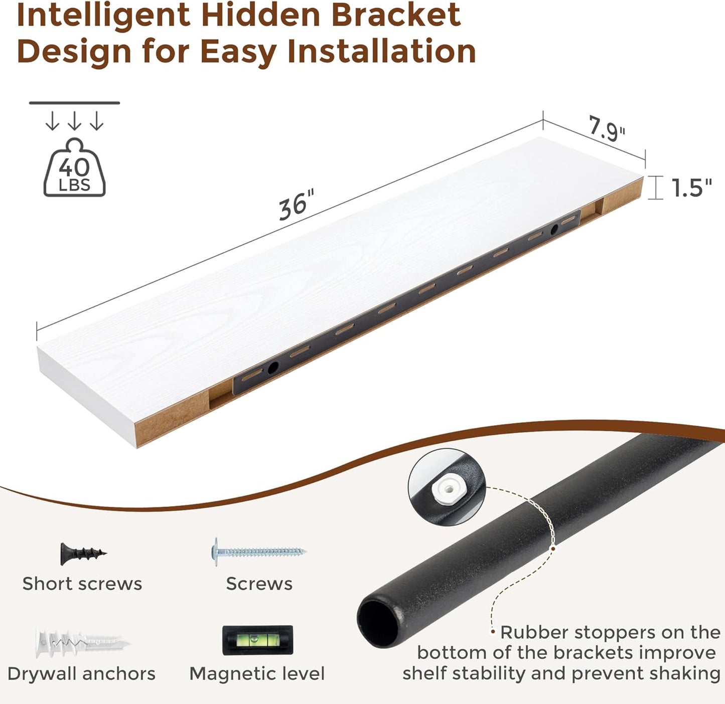 Heimlove 36 Inch Floating Shelves for Wall 8 Inch Deep White Shelves Set of 2,Wall Mounted Rustic Wood Long Floating Shelf with Invisible Brackets for Bedroom Kitchen Living Room