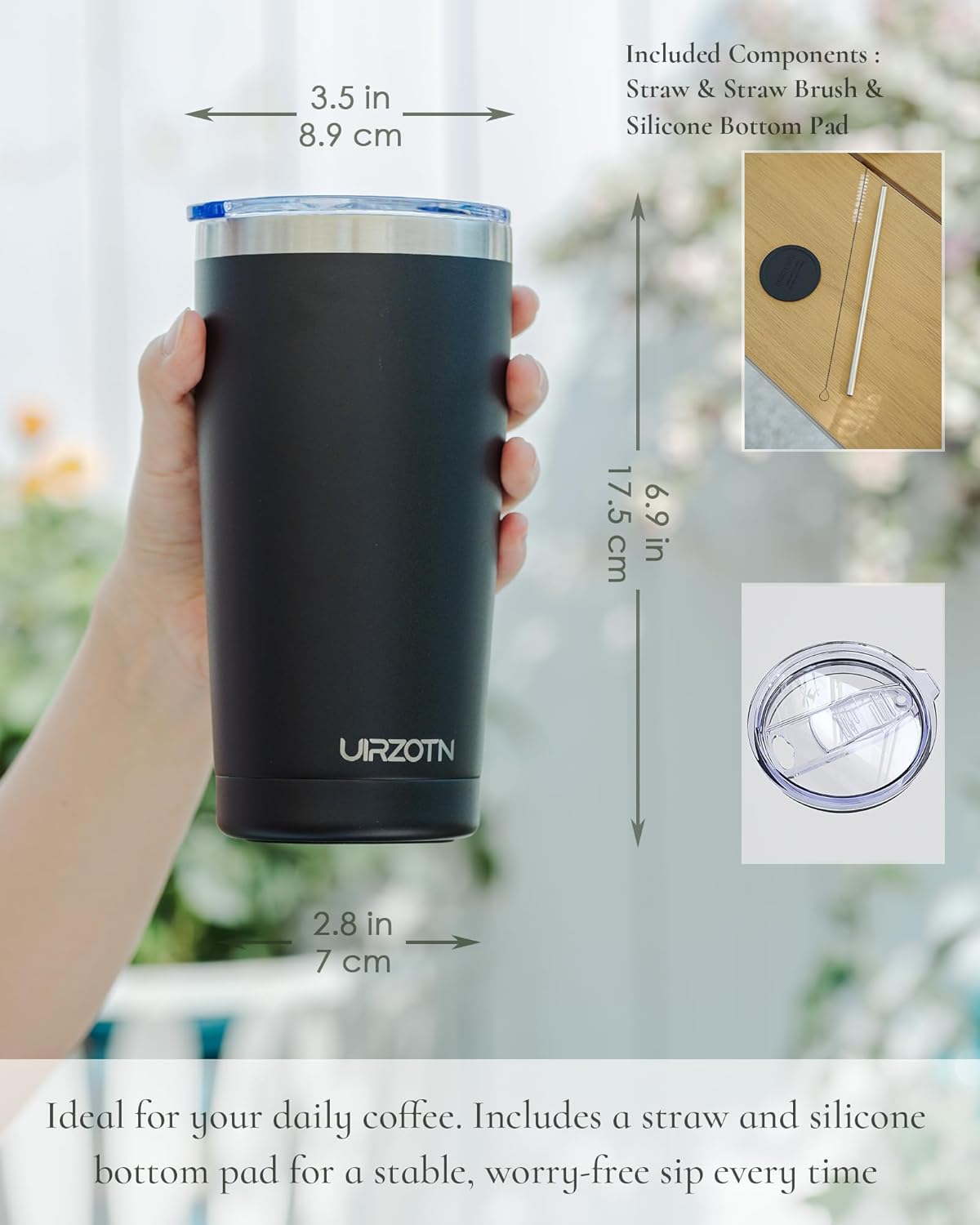 Travel Coffee Tumbler 20oz, Leakproof Travel Coffee Mug with Lid and Straw, Stainless Steel Double Wall Vacuum Insulated Tumbler for Hot/Iced Drinks (Textured Matte, Black)