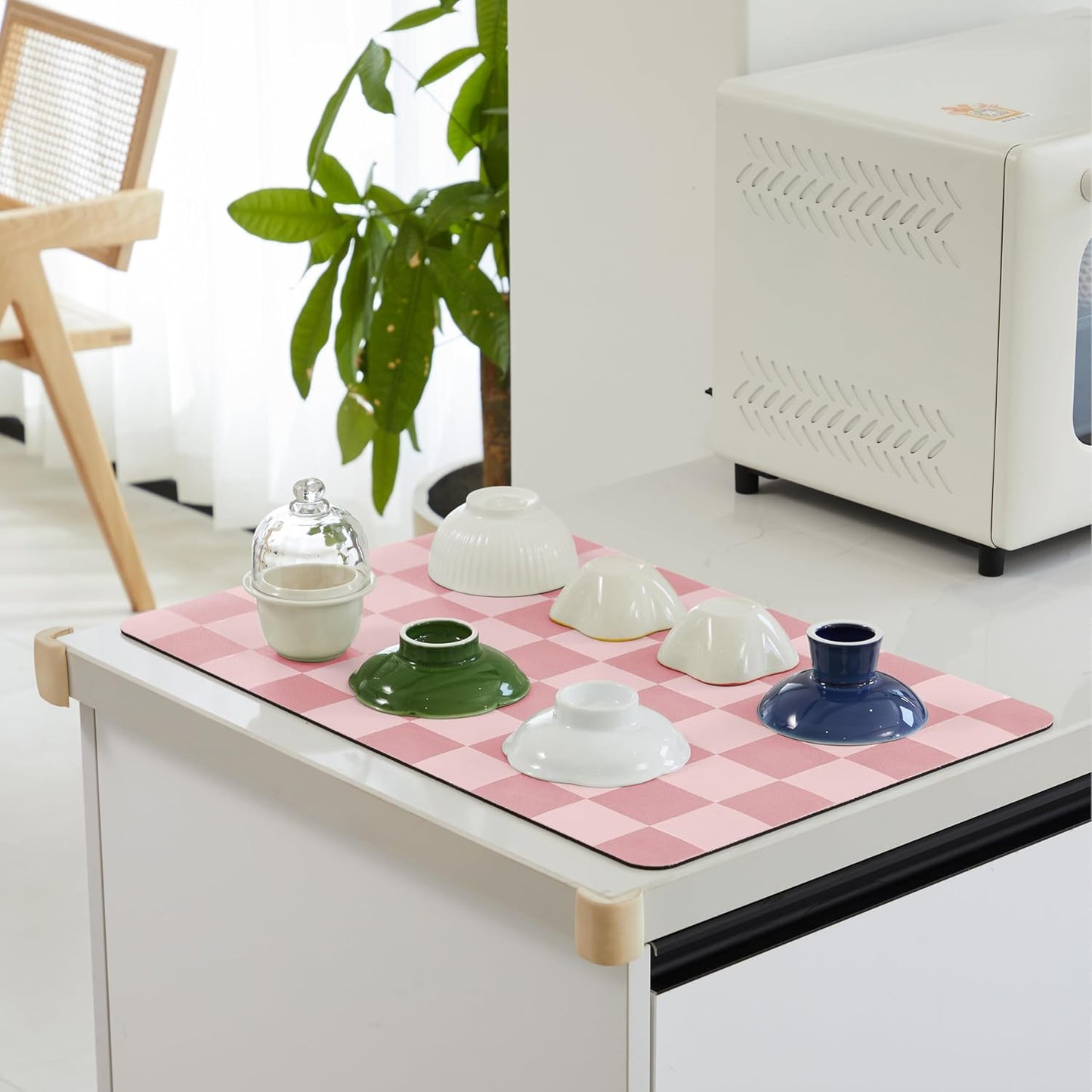 Checkered Dish Drying Mat for Kitchen Counter, Coffee Bar Station Accessories, Retro Cute Girly Pink Aesthetic Modern Absorbent Drainer Mat Kitchen Drying Mat Easy Clean, Coral 16" x 24"