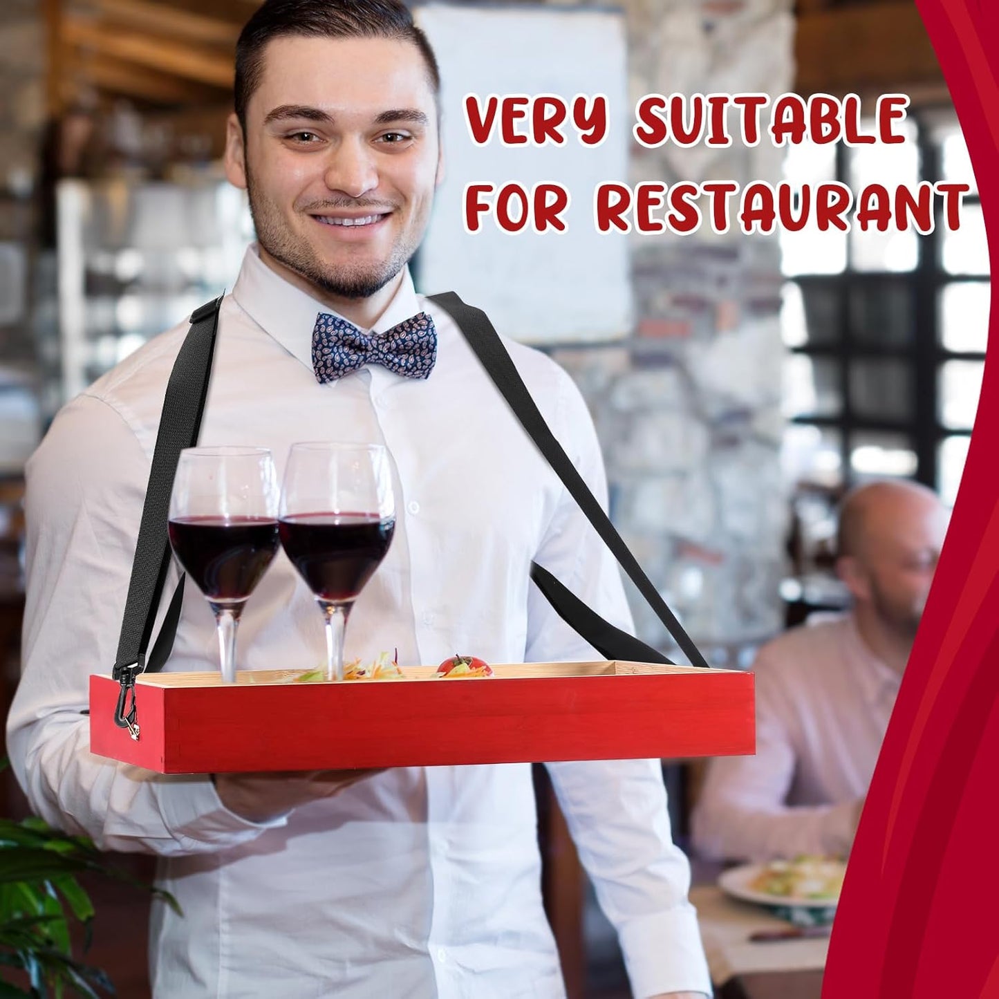 Marsui 2 Pcs Halloween Snack Trays with Straps 15 x 11 x 2 Inch Wooden Movie Night Snack Drink Trays Vendor Usherette Popcorn Drink Beverage Carrier for 20's Theme Carnival Party Costume(Red)