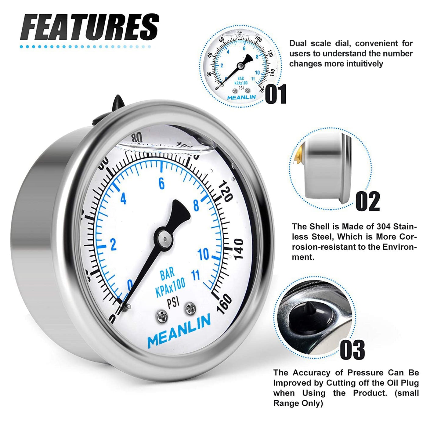 MEANLIN MEASURE 0~160Psi Stainless Steel 1/4" NPT 2.5" FACE DIAL Liquid Filled Pressure Gauge WOG Water Oil Air Center Back Mount, with 1/4" x 1/2" NPT and 1/4" x 3/8" NPT Hex Bushing