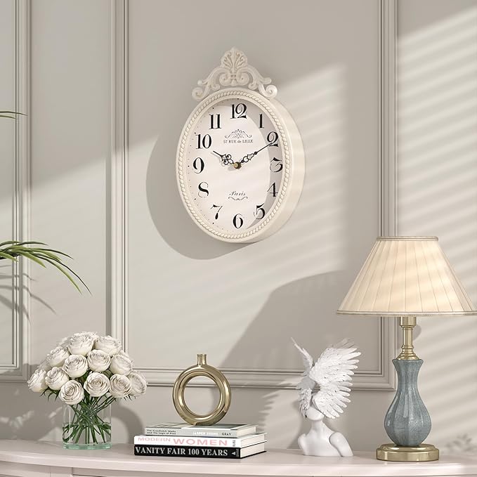 Abdurey Small French Retro Decorative Wall Clock, Ivory White Vintage Oval Style - Image 5