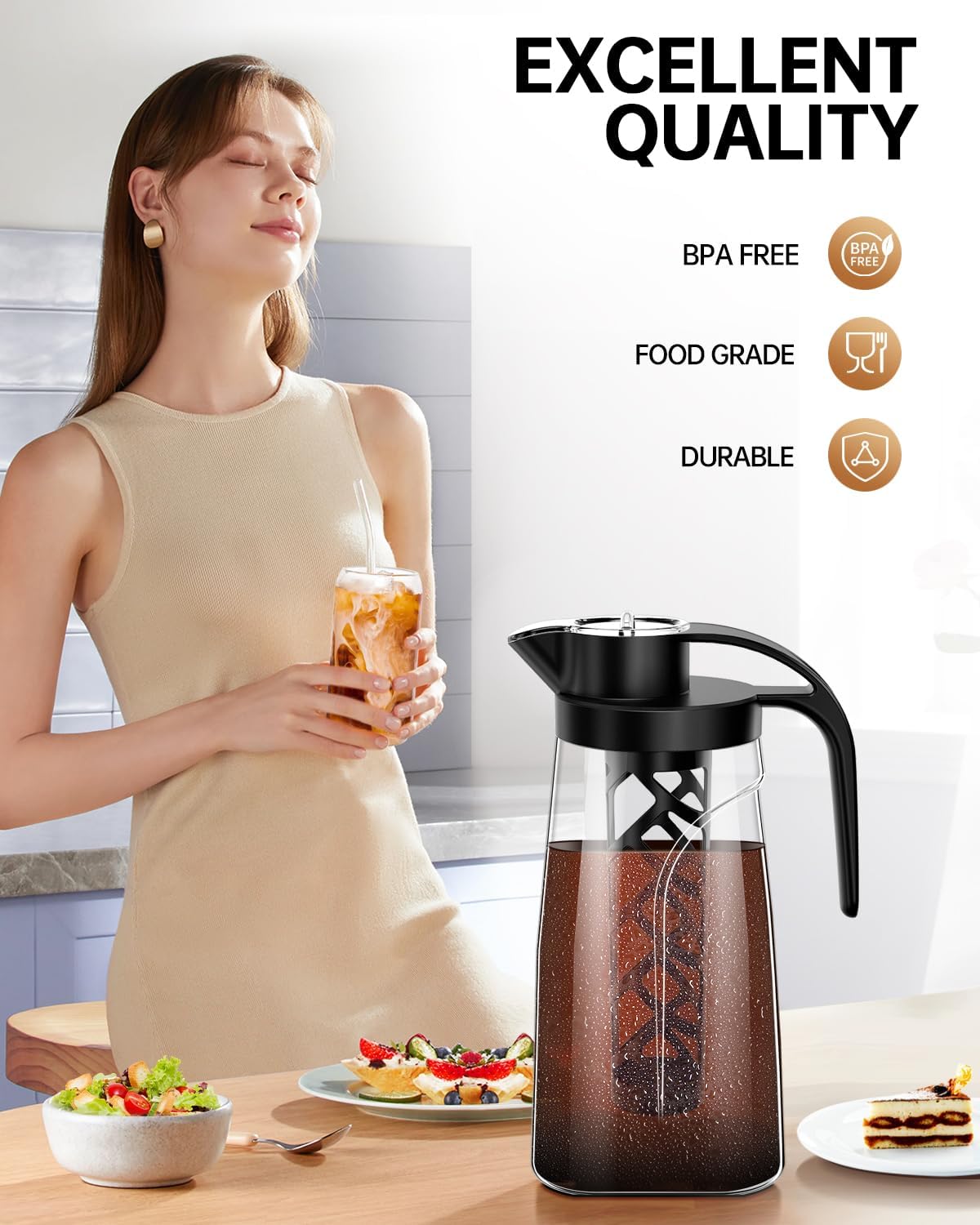 Cold Brew Coffee Maker, 70 oz (2100 ml) BPA Free Tritan Pitcher, Iced Coffee Maker and Tea Brewer, 100% Leak-Proof, Easy to Clean Reusable Mesh Filter, Black