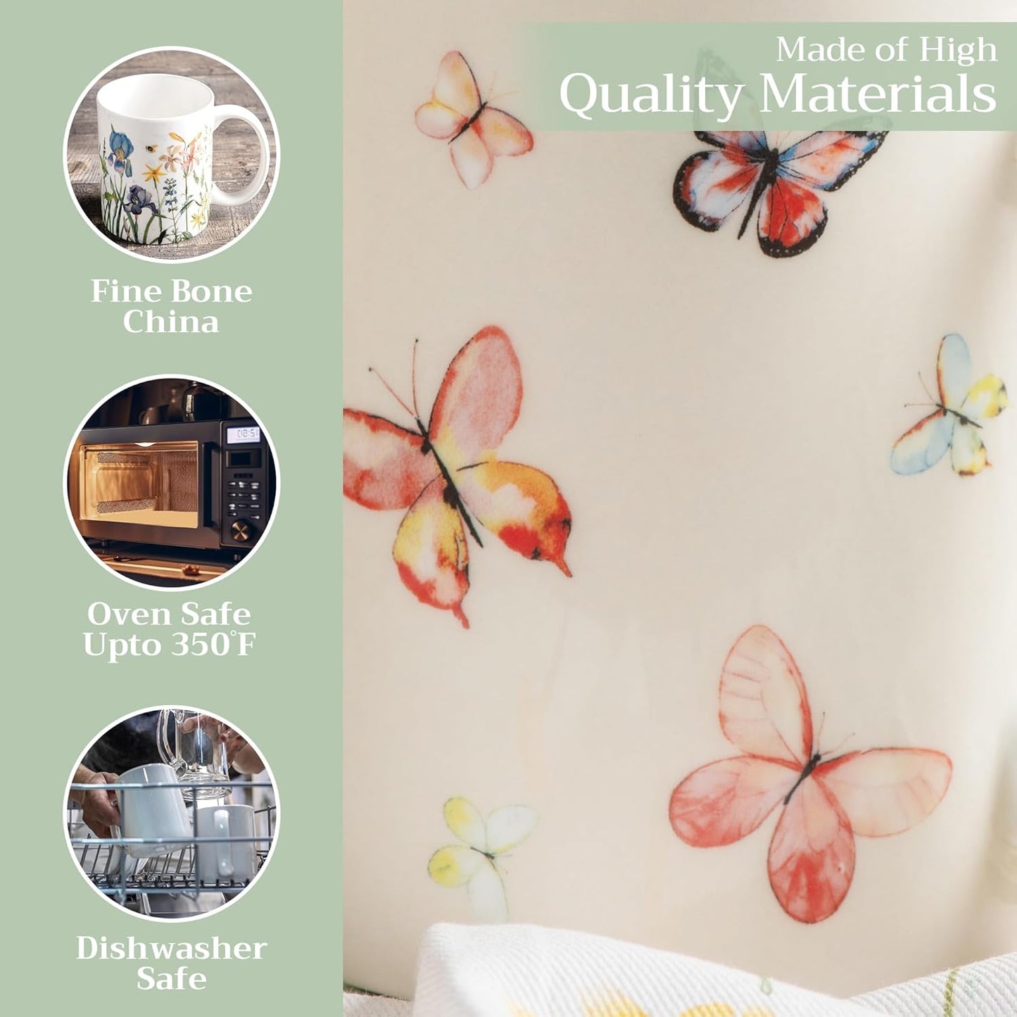 Maison d' Hermine Coffee Mug with Handles Fine Bone China Mugs Pack of Two Tea Cups for Hot Beverages Cappuccino Latte Home Restaurant Office Perfect for Gift (Botanical Fresh, 12 Ounce)