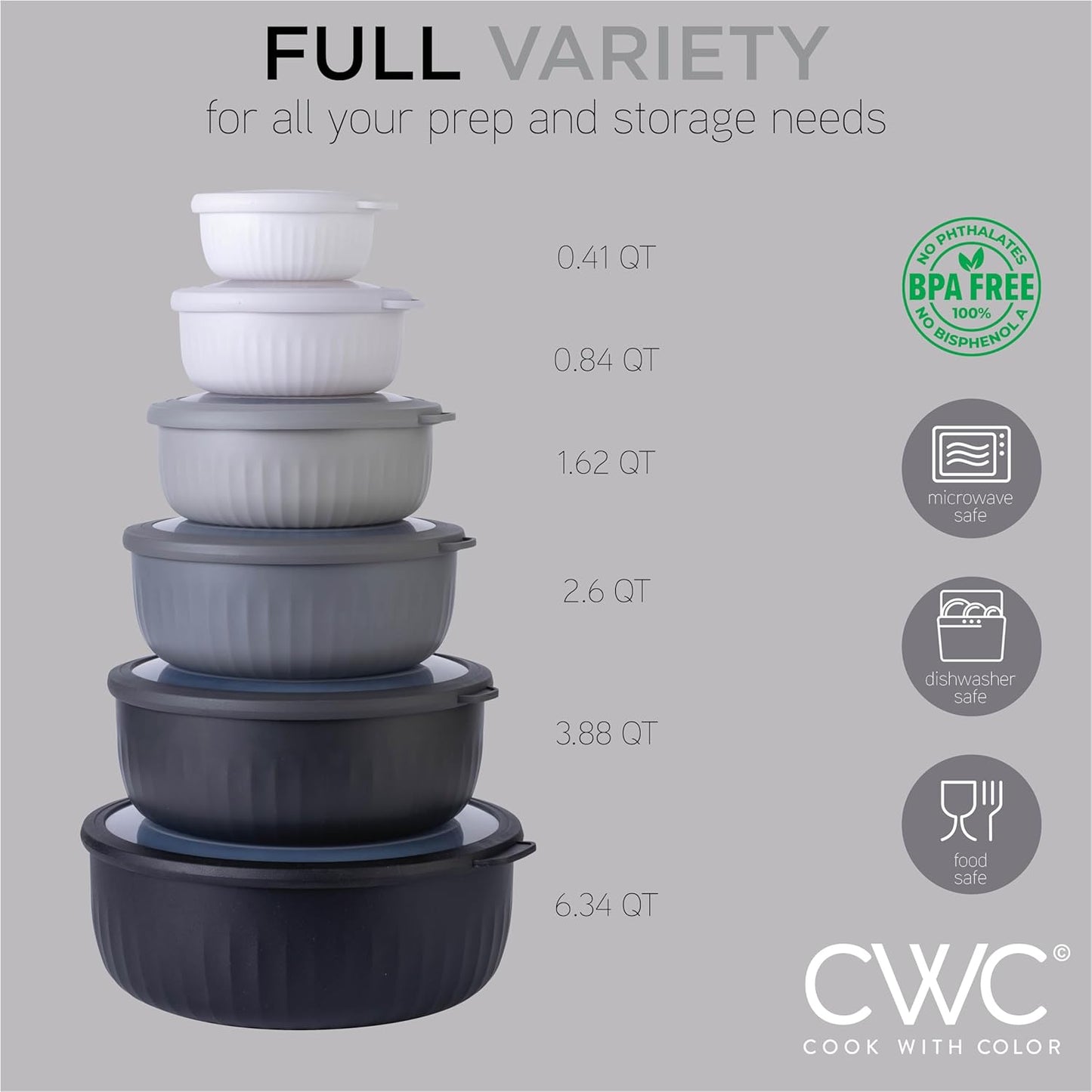 COOK WITH COLOR Prep Bowls with Lids- Wide and Deep Nesting Plastic Small Mixing Bowl Set with Lids, 12 Piece Set - Wide Bowls, Black/White