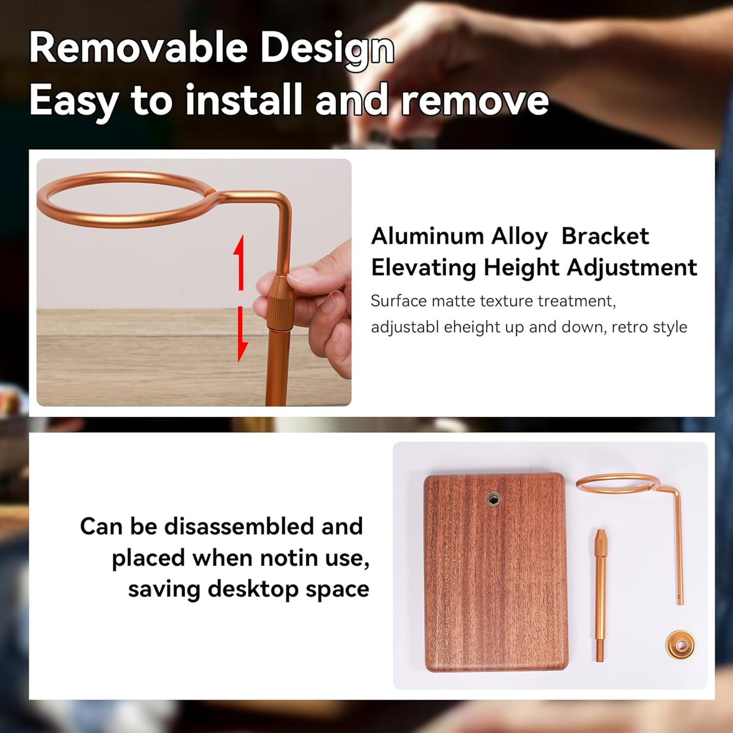 Pour Over Coffee Maker with Adjustable Stand & Wooden Base, Dripper Stand for Manual Coffee Brewing, Coffee Filter Holder, Tea Strainer Stand for Home, Café, Restaurant, Camping, Golden