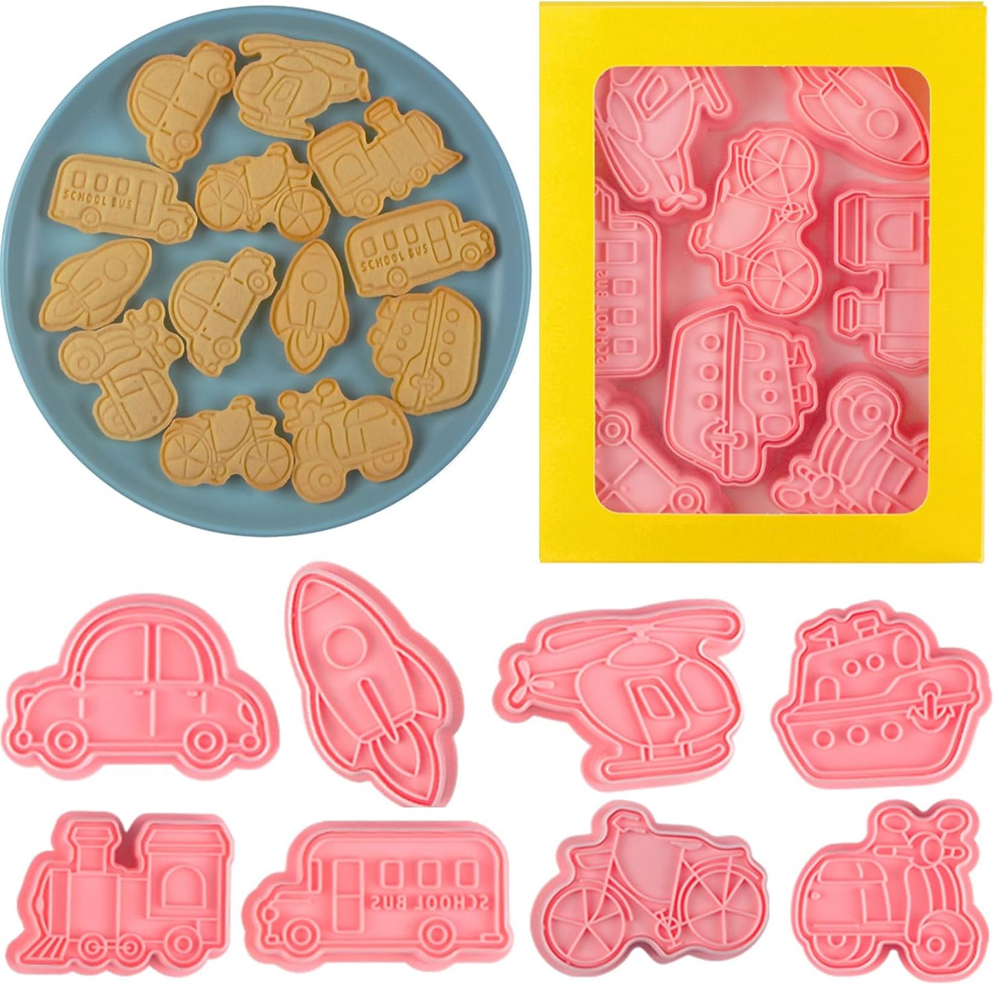 8 Pcs Transportation Vehicle Cookie Cutters Set Baking Molds 3D Transportation Vehicle Press type Cookie Cutter for Baking, Fondant, Cheese, and Pastries