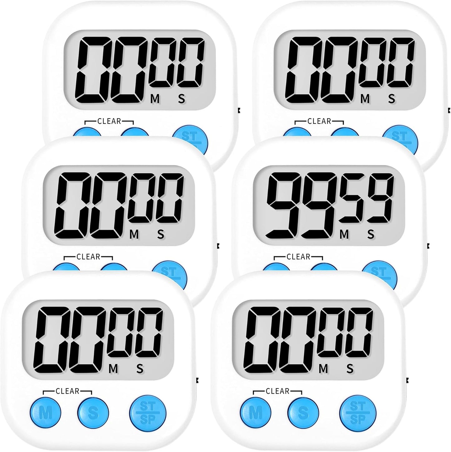 ZILLEEN Kitchen Timer Digital with Magnetic Back for Kids Classroom, White 6 Pack