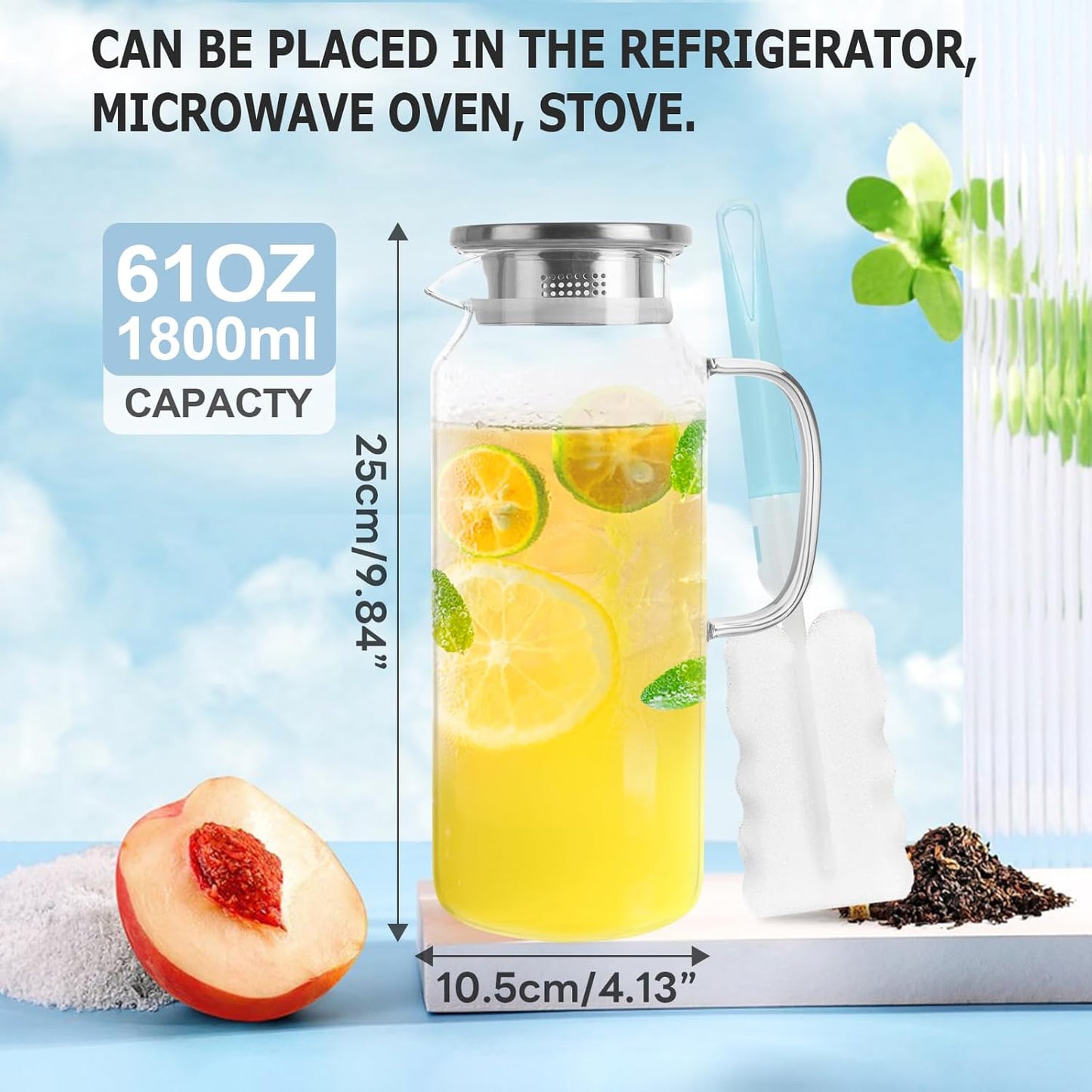 Yirilan Glass Pitcher, 1.8 Liter Water Pitcher with Lid, Beverage Pitchers for Hot, Cold Water, Iced Tea and Juice Drink with Cup Brush