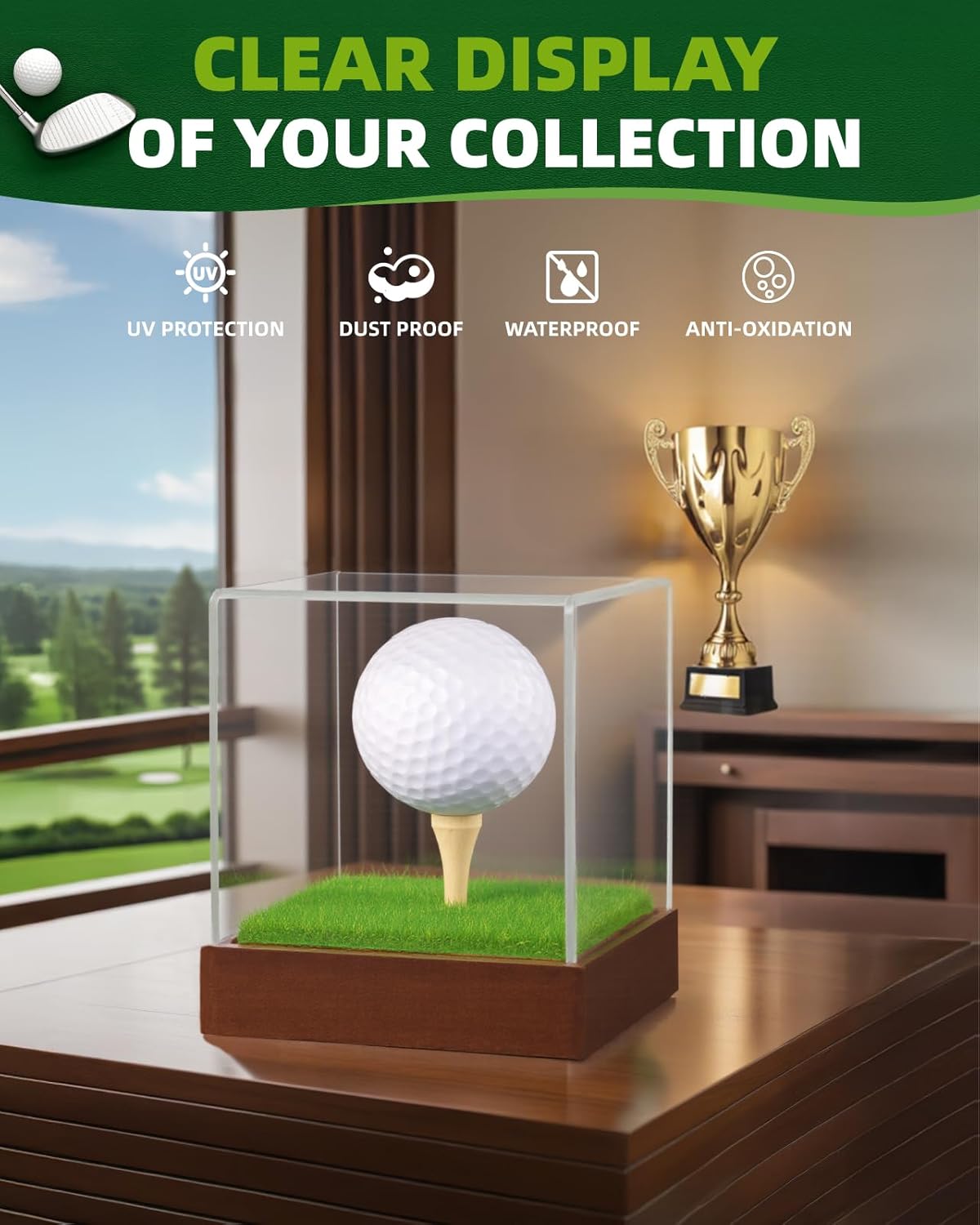 Golf Ball Display Case - Clear Acrylic Cube with Solid Wood Base & Tee, Anti-Dust Transparent Holder for Single Golf Ball, Ideal for Collectibles, Souvenirs & Gifts, Display Special Golf Balls