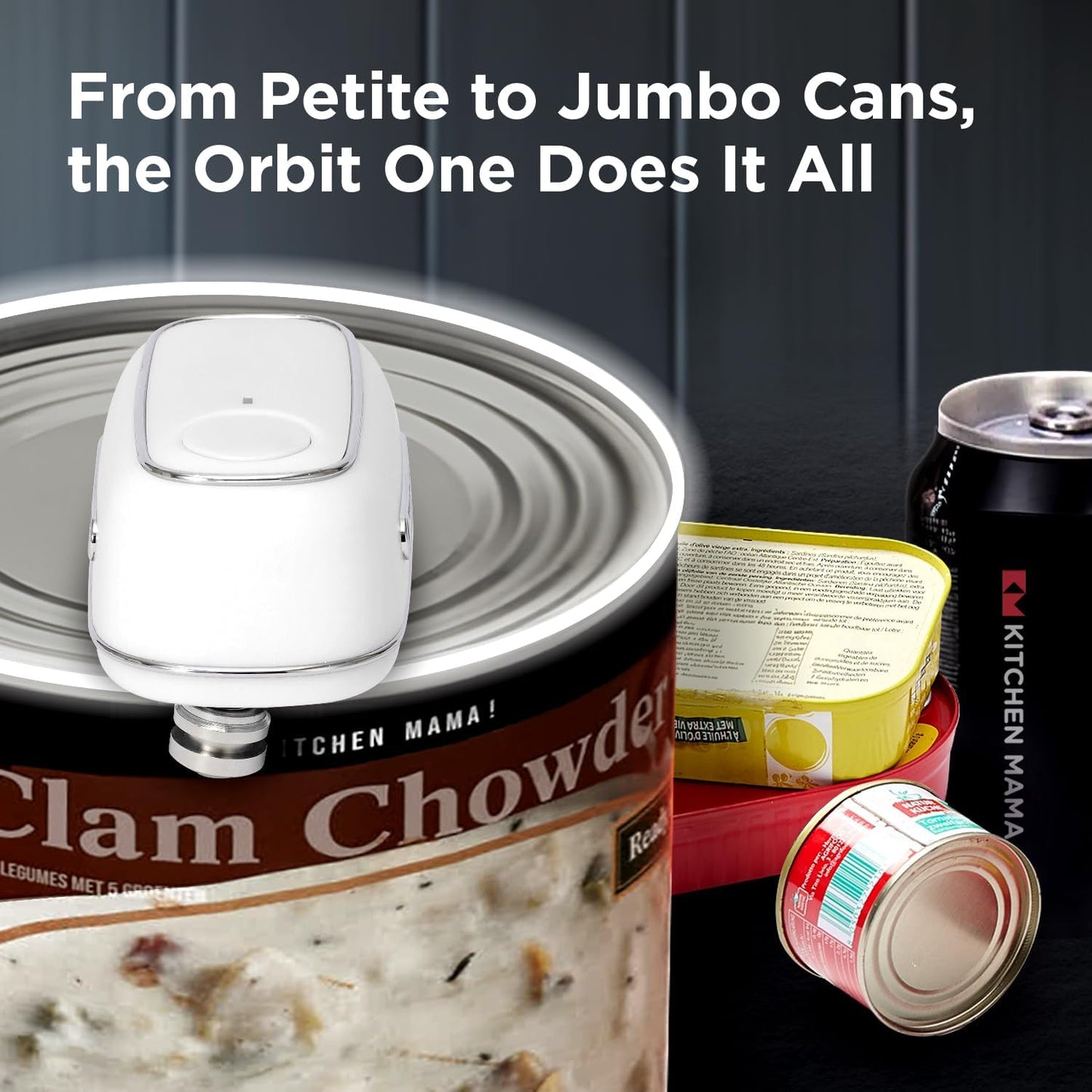 Kitchen Mama Orbit One Rechargeable Electric Can Opener: Hands-free, USB-C Charging, Automatic Stop, Smooth Edge, Safety, Blade for Large Cans, Heavy Duty, Soda and Pop Can, with Storage Box (White)