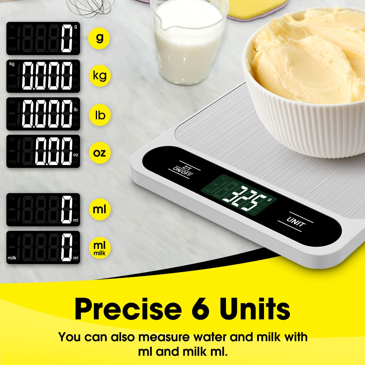 Mik-Nana Food Scale White, 22lb/10kg Digital Kitchen Scale Grams and oz for Baking Cooking and Weight Loss, 1g/0.04oz Precise Graduation, Easy Clean Stainless Steel