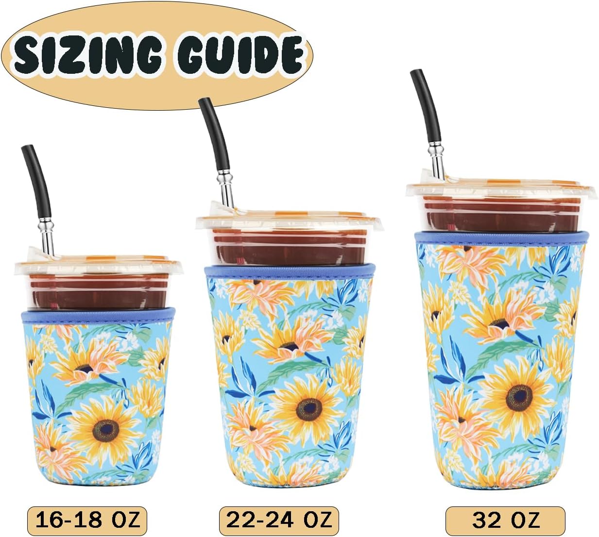 Reusable 3-Pack Iced Coffee Cup Sleeve, Insulated Neoprene, Beverage Holder for Iced Coffee, Durable Drink Sleeve for Cold Beverages, Sunflower Smile