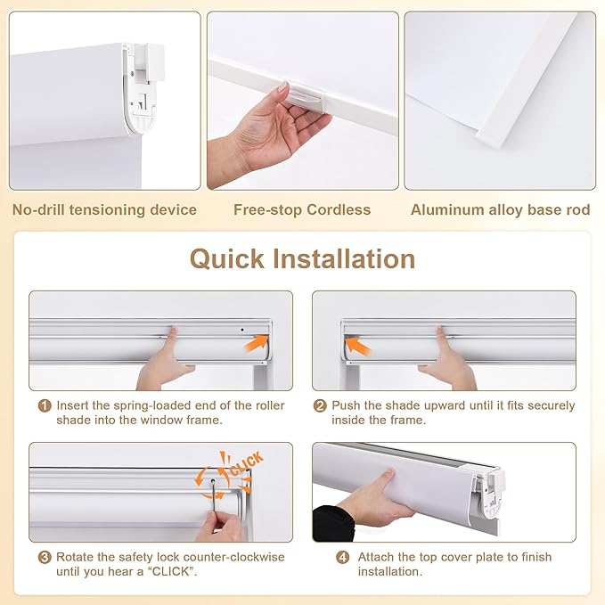SUNOFF No Drill Tools Cordless Blackout Roller Shades Blinds - Image 2