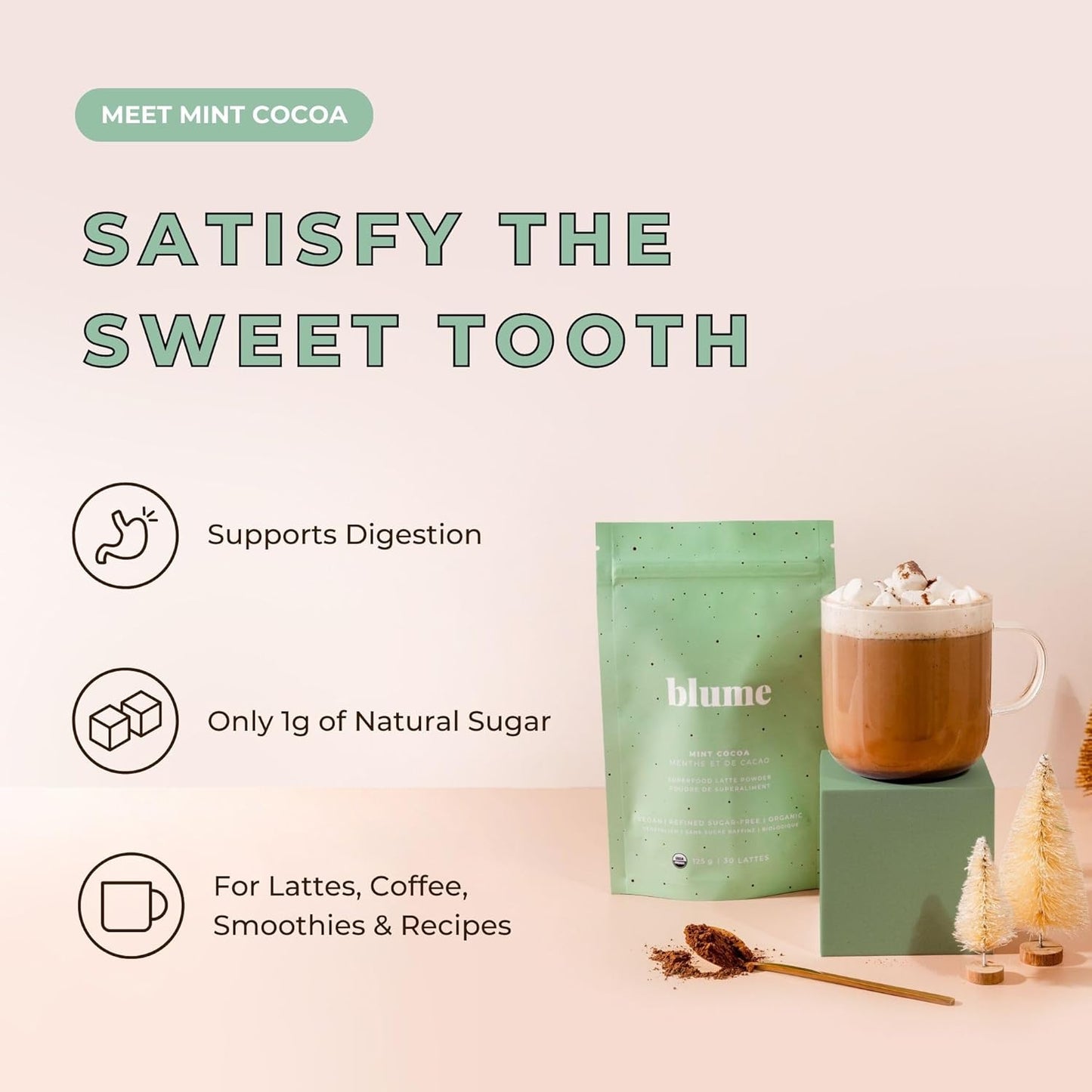 Blume Peppermint Cacao Blend - Superfoods latte with Brain Boosting Adaptogen Organic Cacao - Keto Friendly & Vegan Hot Chocolate - 30 Servings