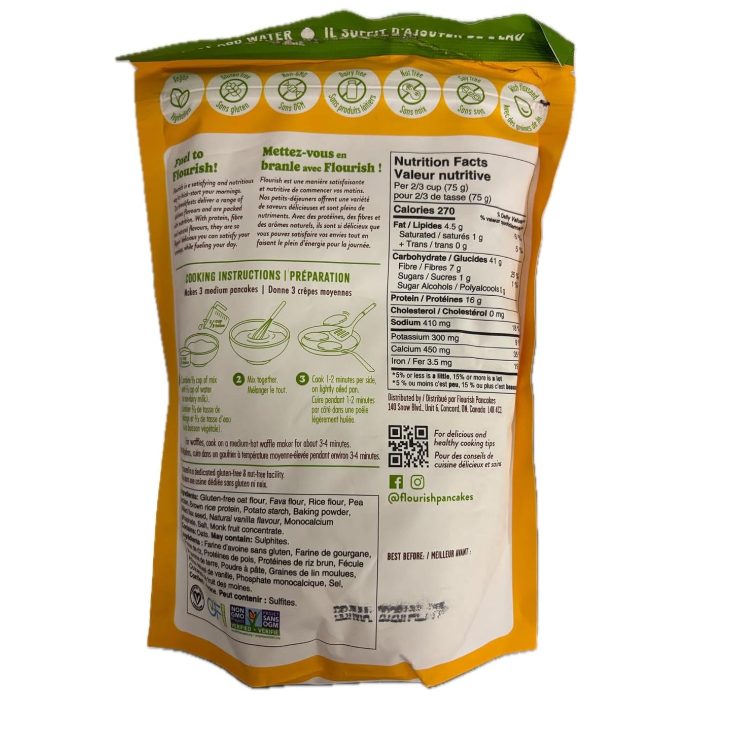 Flourish Plant-Based Protein Pancake & Waffle Mix, Gluten-Free, Dairy-Free, Nut-Free, Soy-Free, Vegan, Non-GMO, All-Natural Superfood, High Protein & Fiber, Just Add Water - Original, 430 g (2 Pack)