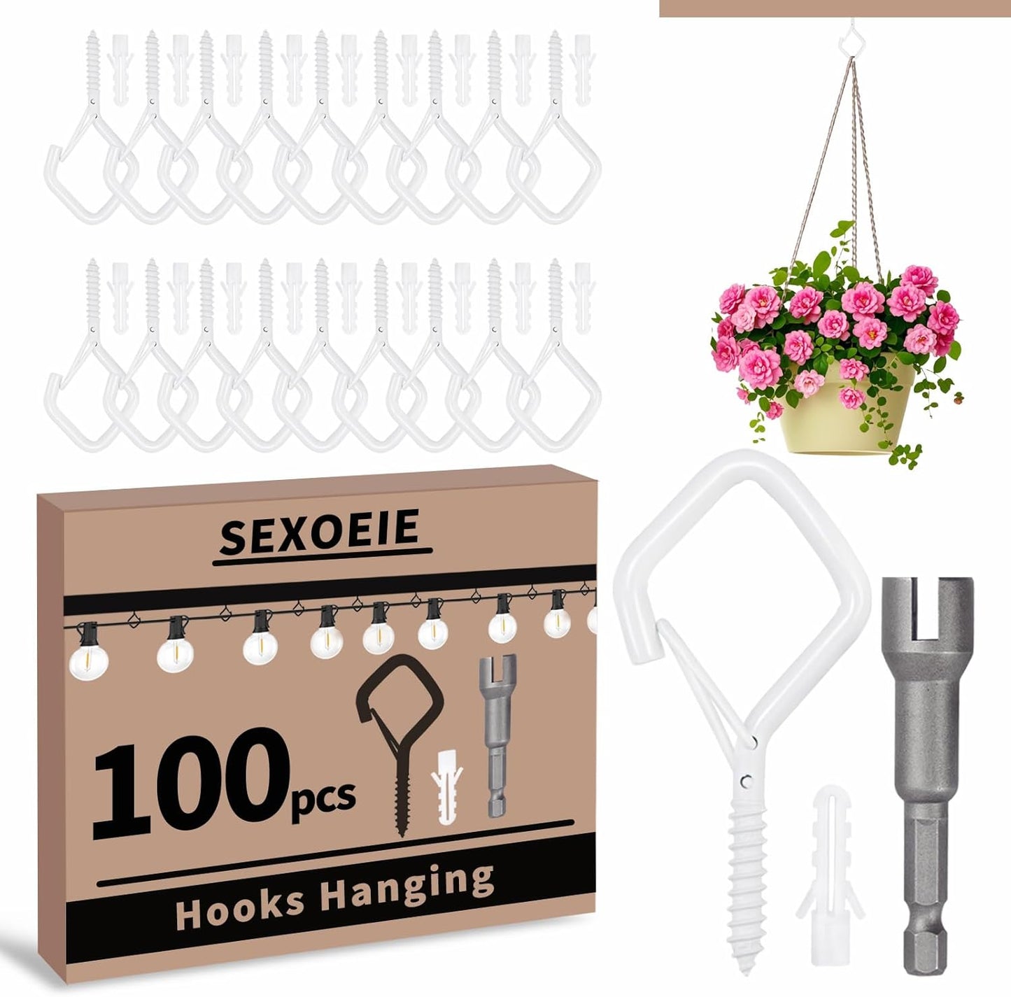100 PCS White Eye Screw Hooks for Hanging Heavy Duty with Safety Buckle.Metal Ceiling Hooks for Hanging Plants Cup Wind Chime Bird Feeders Patio Lights at Indoor&Outdoor
