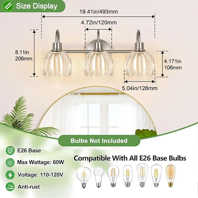 3-Light Bathroom Light Fixtures, Brushed Nickel Wall Lights - Image 9