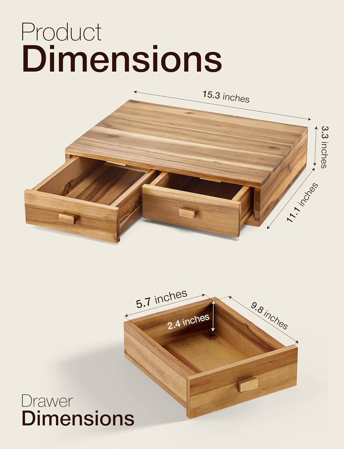 Tinamo Acacia Wood Coffee Pod Storage Box, Coffee Pods and Tea Organizer Holder, K Pod Drawer Coffee Maker Machine Stand, for K-Cup Drawer Organizer Under Brewer (Acacia, 2 drawer)