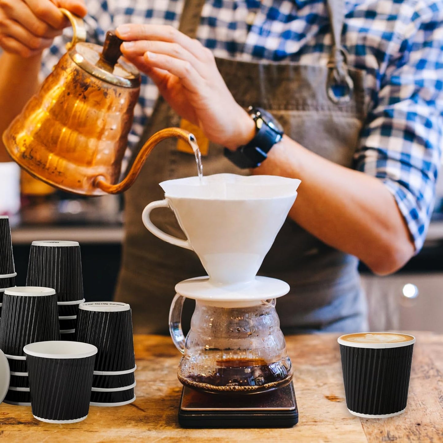 200 Pcs 4oz Paper Espresso Cups Ripple Wall Hot Cups For Coffee Disposable Coffee Cup Paper Hot/Cold Drinking Cups for Party, Picnic, Travel and Events (Black)