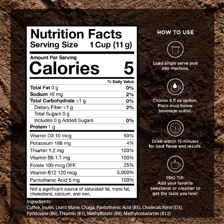 VitaCup Focus Mushroom Coffee Pods, Boost Focus & Immunity w/Lions Mane, Chaga, B Vitamins, D3 for Memory & Clarity, Medium Roast, Recyclable Single Serve Pod Compatible w/Keurig K-Cup Brewers,64 Ct