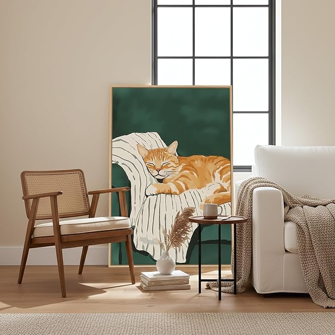 Framed Animal Wall Art for Bedroom Wall, Large Cozy Orange Tabby Cat Canvas - Image 3