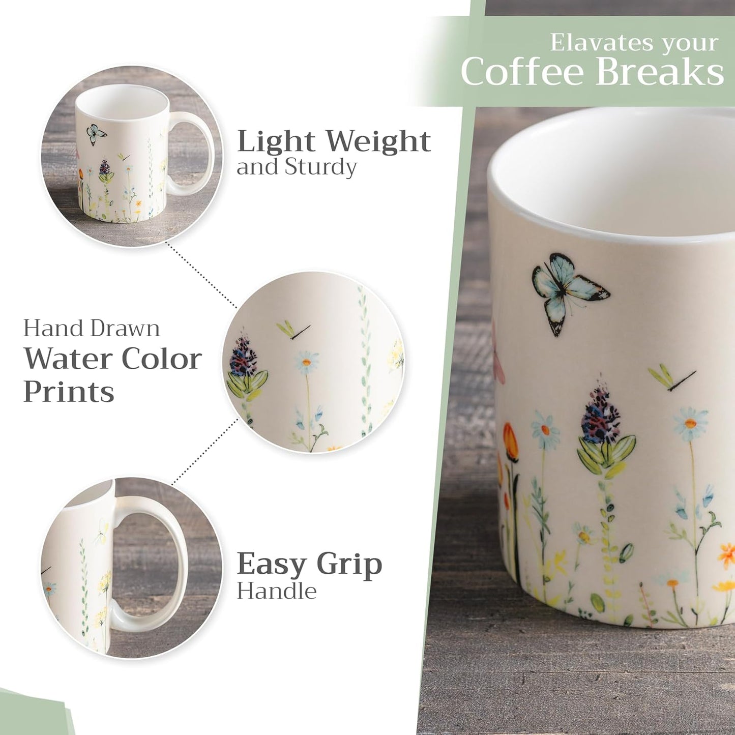 Maison d' Hermine Coffee Mug with Handles Fine Bone China Mugs Pack of One Tea Cups for Hot Beverages Cappuccino Latte Home Restaurant Office Perfect for Gift (Botanical Fresh - Meadow, 12 Ounce)