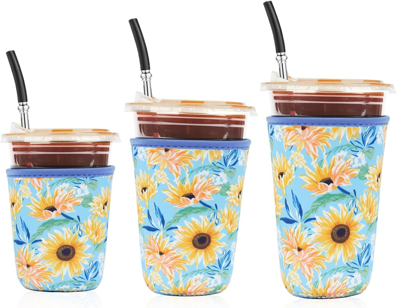 Reusable 3-Pack Iced Coffee Cup Sleeve, Insulated Neoprene, Beverage Holder for Iced Coffee, Durable Drink Sleeve for Cold Beverages, Sunflower Smile