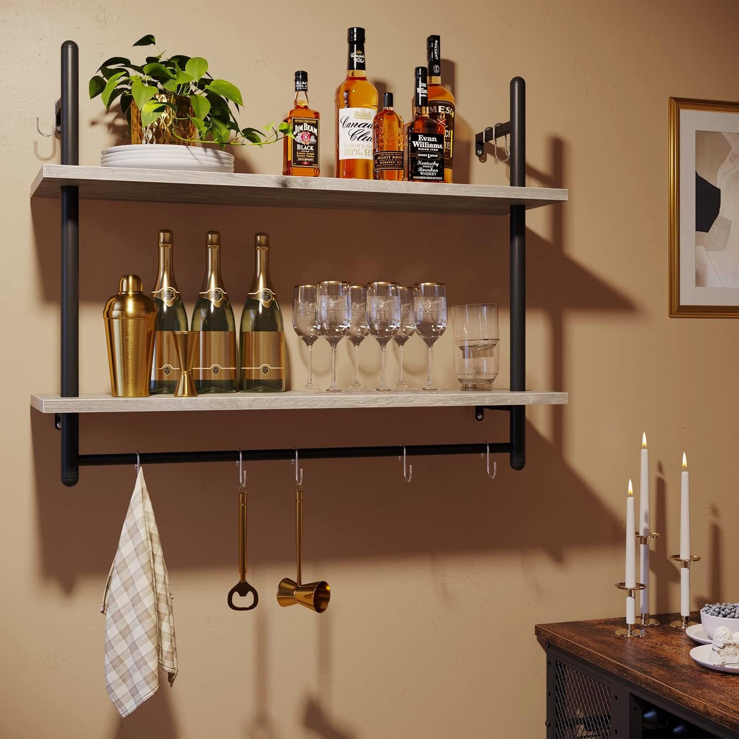 Bestier Pipe Shelf Industrial Floating Shelving 31" Kitchen Wall-Mounted Shelves with 8 Towel Bar Hooks Coffee Bar Shelf Wine Hanging Display Rack Bookshelf Living Room Decor Bathroom-Retro Grey