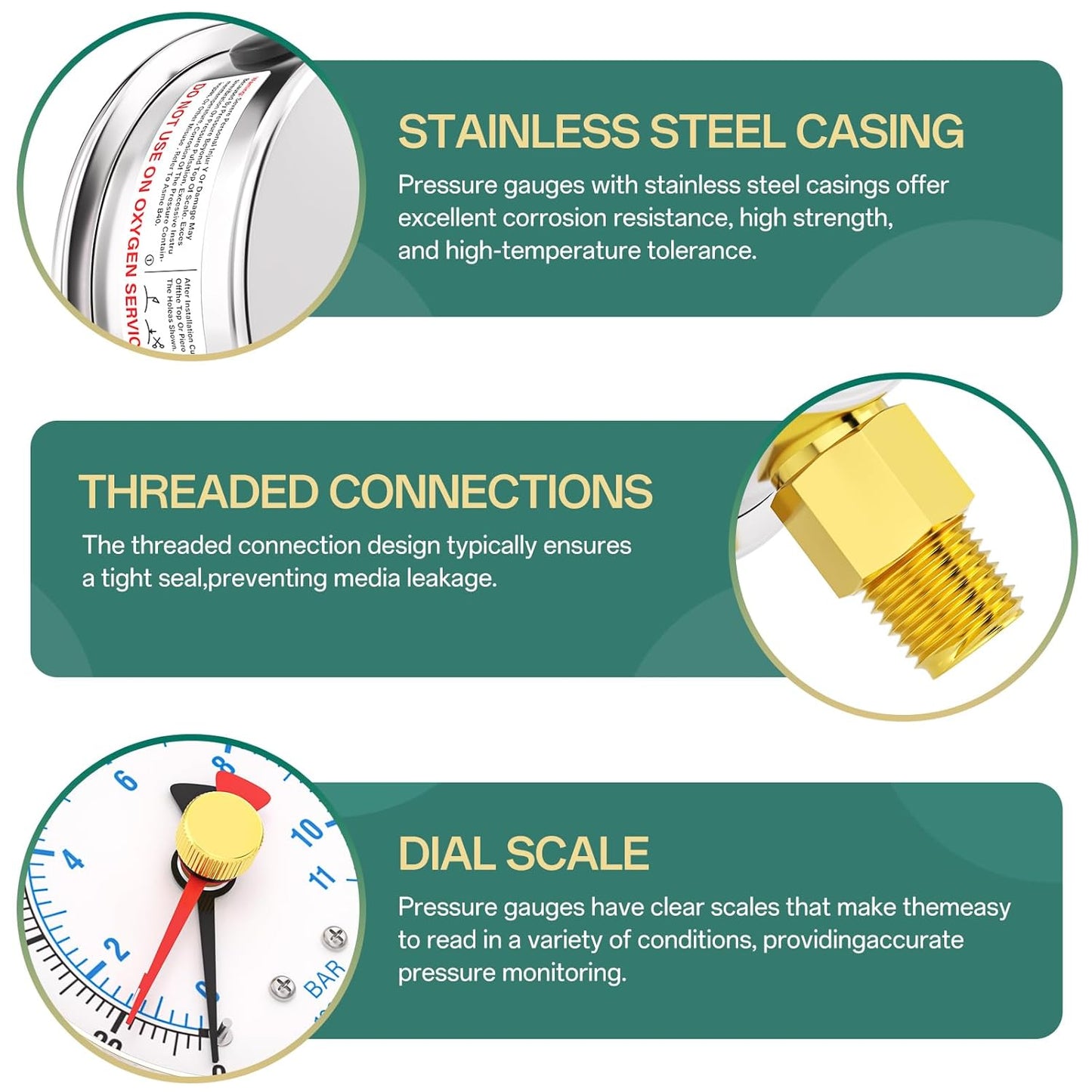 0-160PSI Stainless Steel with Reset Pointer Liquid Filled Pressure Gauge, 2.5" Dial Size, 1/4" NPT Lower Mount, for Tube, Water Pump, Gas, Liquid, Pressure Test