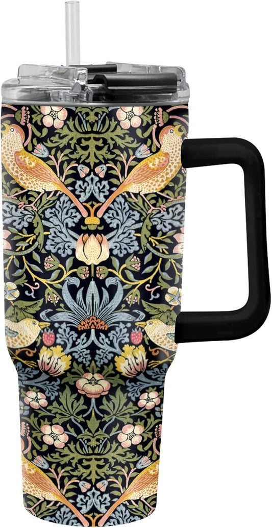 RainCaper 18/8 Stainless Steel Insulated Water Tumbler with Straw | 30oz, BPA-Free, Double Wall for Hot & Cold | Travel-Friendly, Cup Holder Ready (William Morris Morris Strawberry Thief)