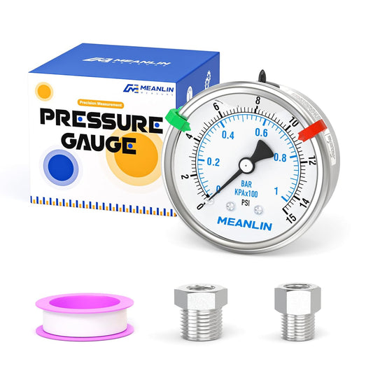 MEANLIN MEASURE 0~15Psi Stainless Steel Liquid Filled Pressure Gauge 2.5" FACE DIAL 1/4" NPT for Water Oil Air Well Pump Tank Tire Pressure Test Back Mount with Stainless Steel Hex Bushing and Snaps
