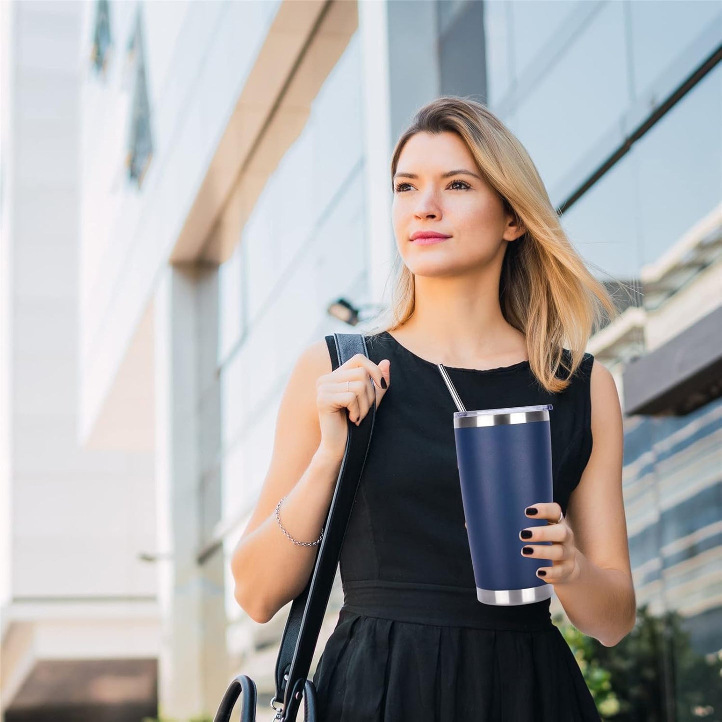 Pandance 20oz Stainless Steel Insulated Tumblers with Lid and Straw Bulk, Double Wall Vacuum Water Cups for Hot & Iced Coffee Drinks Travel Mug (Navy Blue, 12 pack)